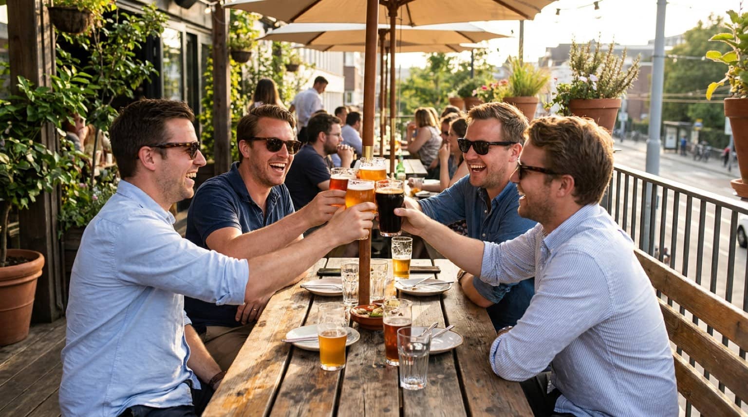 Groupe d'amis qui rient autour de bières sur une terrasse ensoleillée