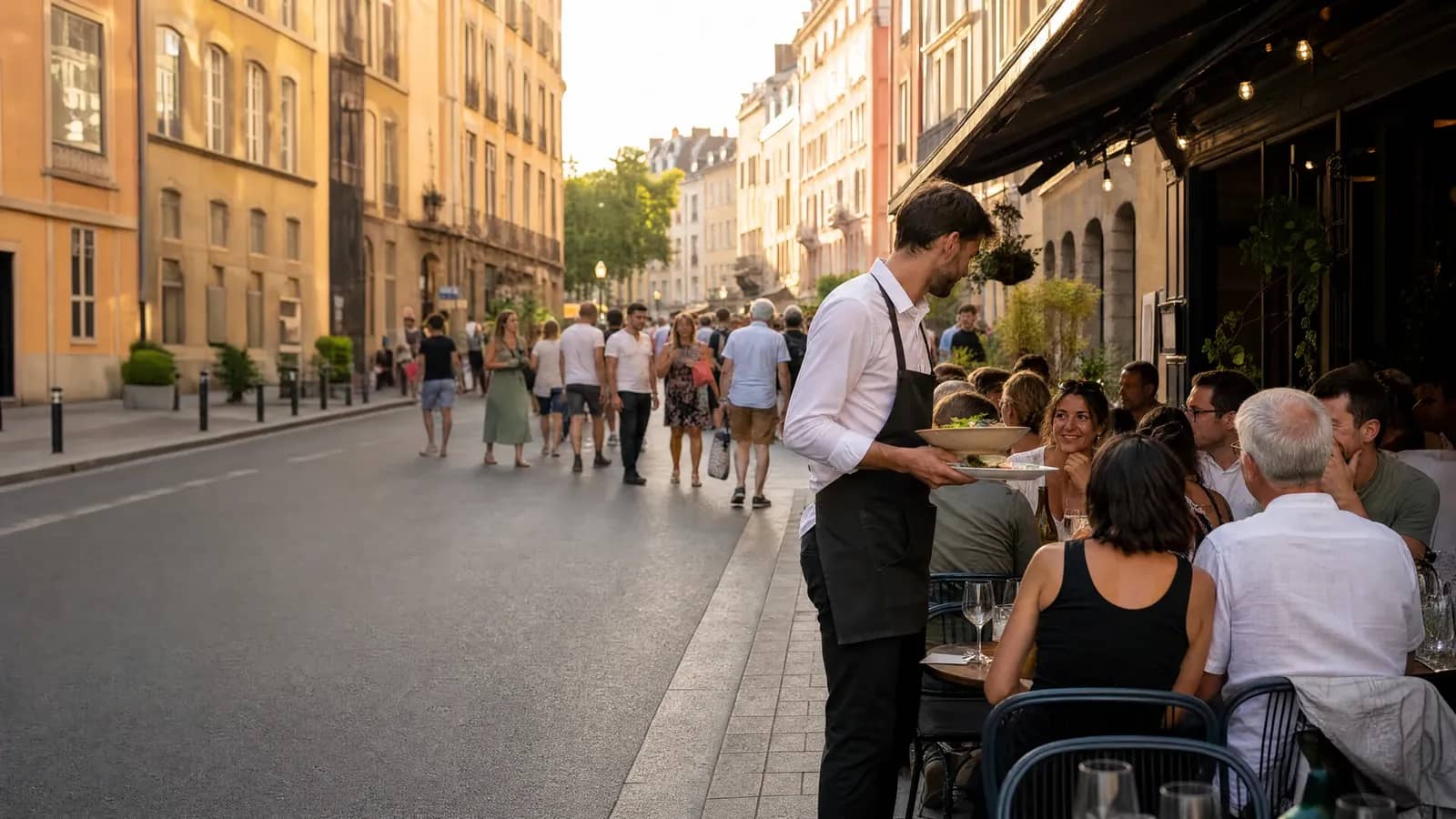Un serveur apporte des assiettes à une terrasse de bistrot bondée dans une rue de la Presqu'île à Lyon, un soir d'événement.