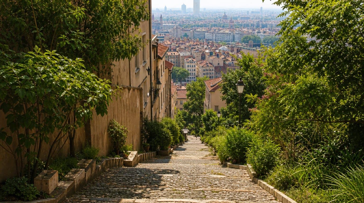 Montée pavée de la Croix-Rousse à Lyon avec vue sur la ville