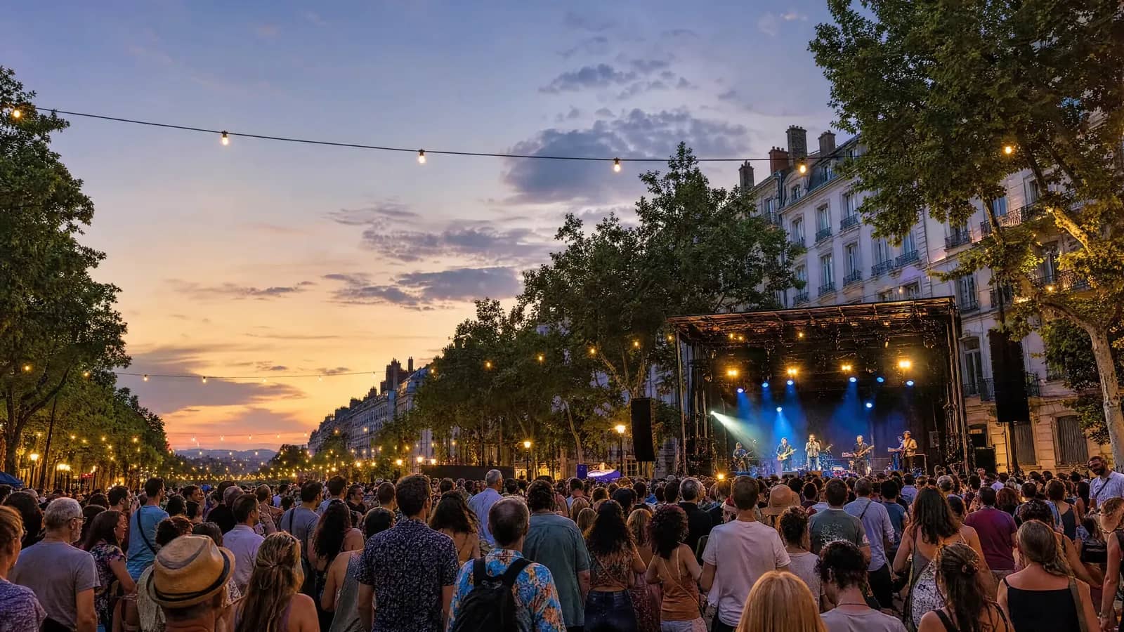 Concert de la Fête de la Musique sur un boulevard lyonnais au crépuscule, scène illuminée et foule sous les guirlandes