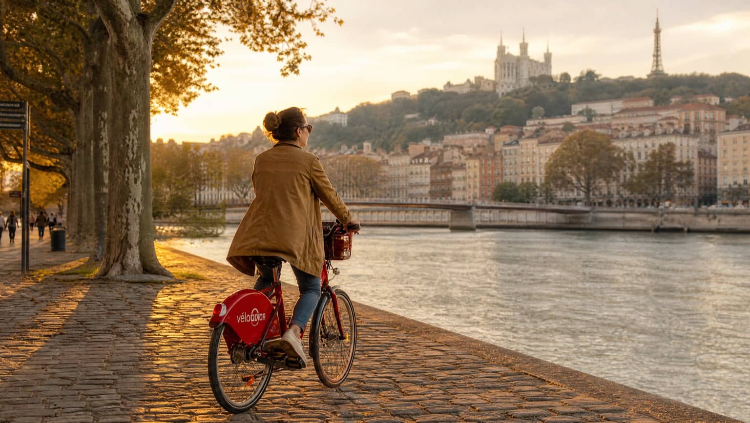 Cycliste sur un vélo en libre-service le long des quais du Rhône à Lyon au coucher du soleil
