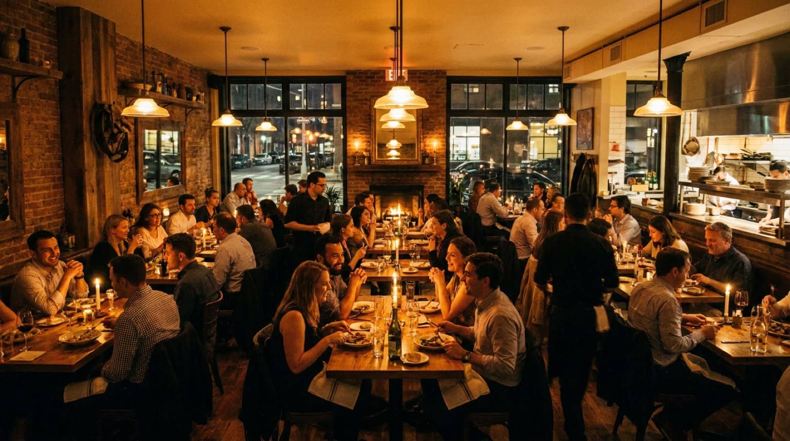 Salle de restaurant comble et conviviale en soirée