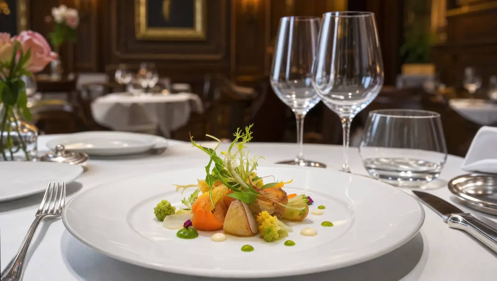Assiette gastronomique dressée dans une salle de restaurant classique française
