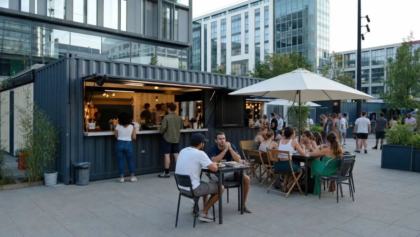 Food court en containers à la Confluence à Lyon, clients attablés en terrasse