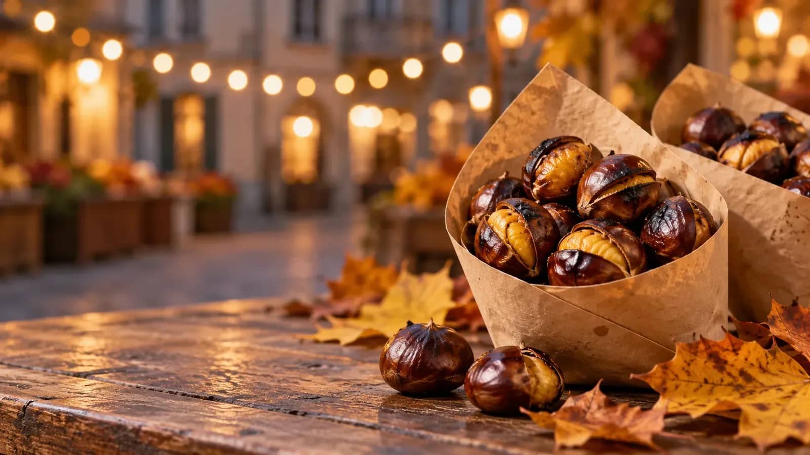 Illustration originale de cornets de marrons chauds dans une ambiance de fête automnale