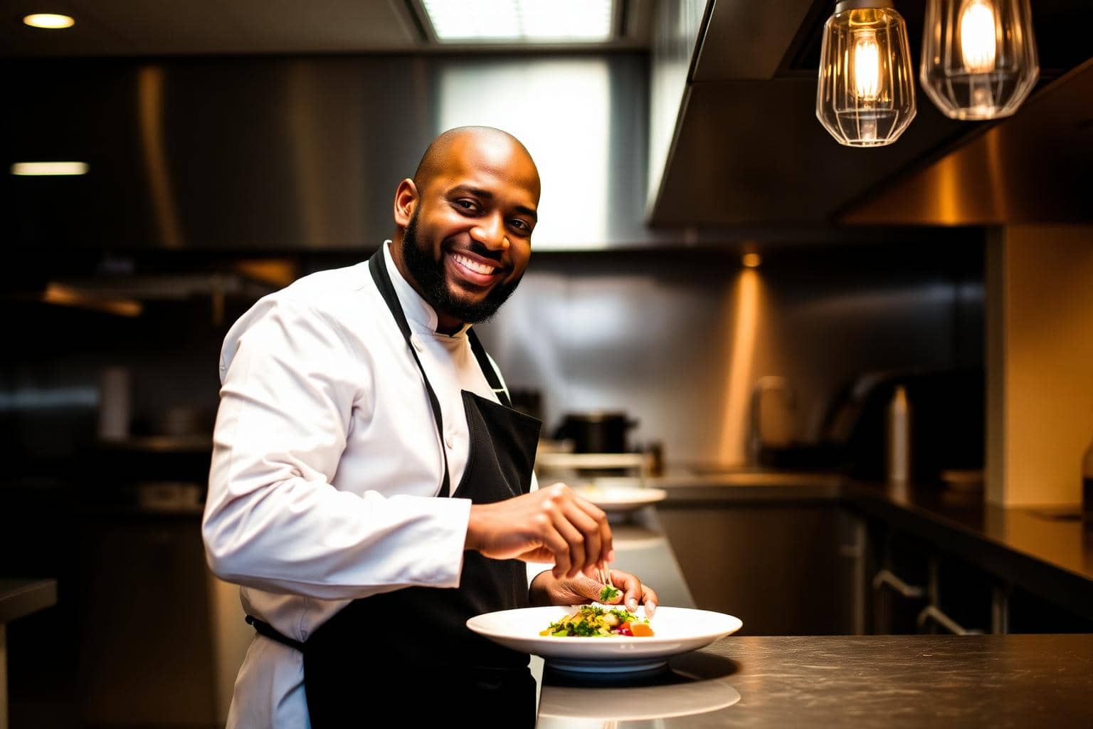 Chef souriant en train de dresser une assiette dans une cuisine de restaurant