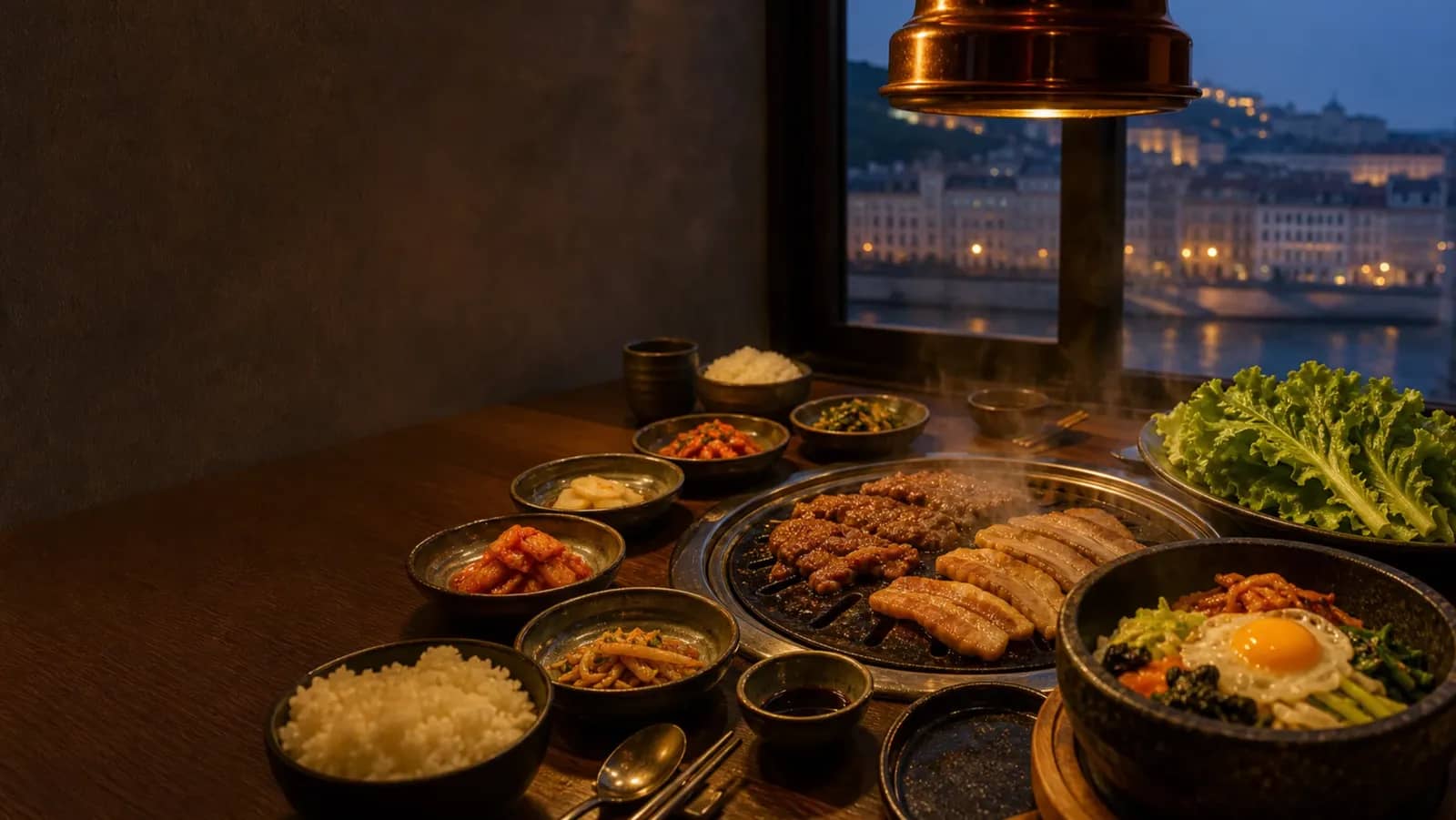 Table de barbecue coréen avec banchan et bibimbap devant les quais de Lyon au crépuscule