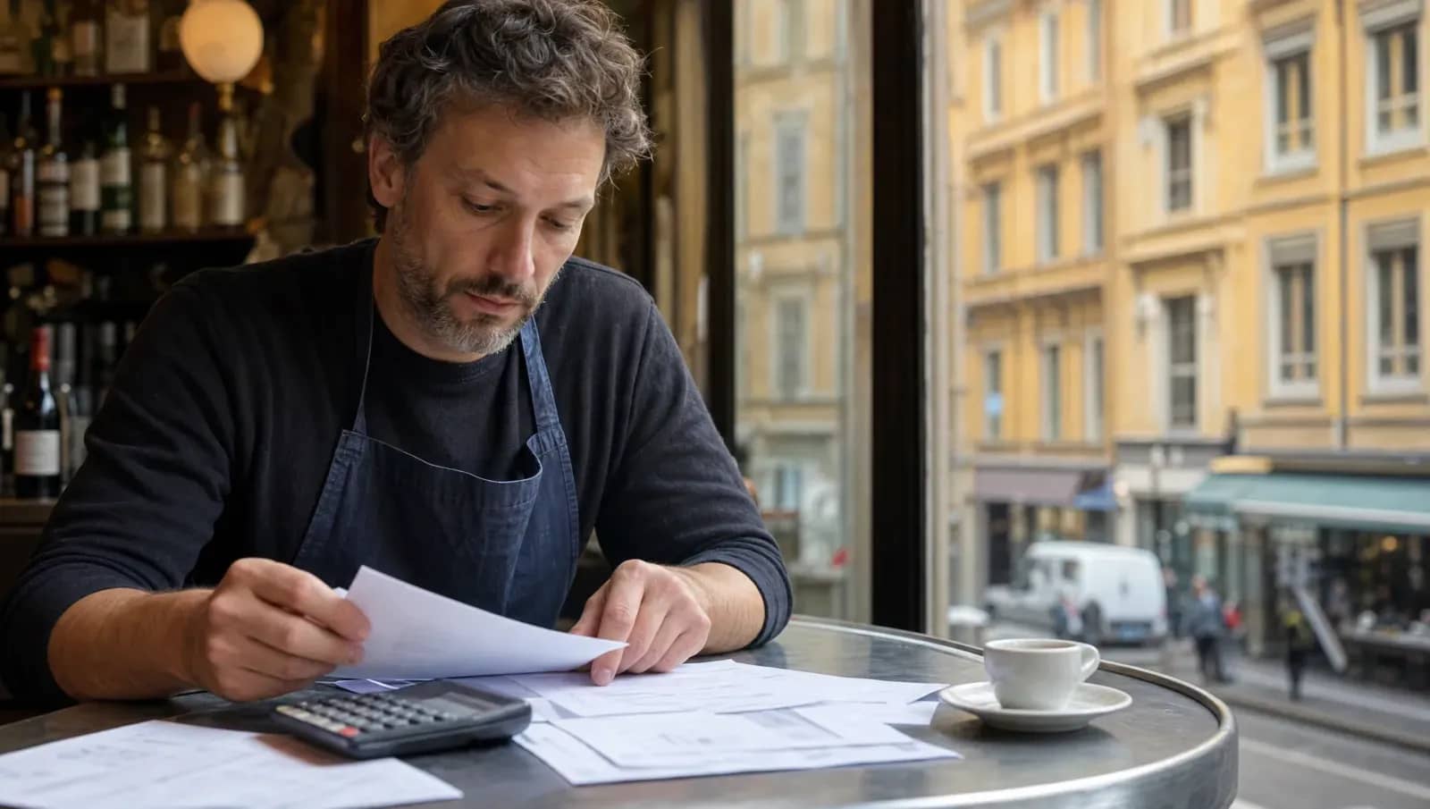 Restaurateur comparant des papiers et des factures avec une calculatrice à la table d'un bistrot lyonnais, rue de la Presqu'île par la fenêtre.