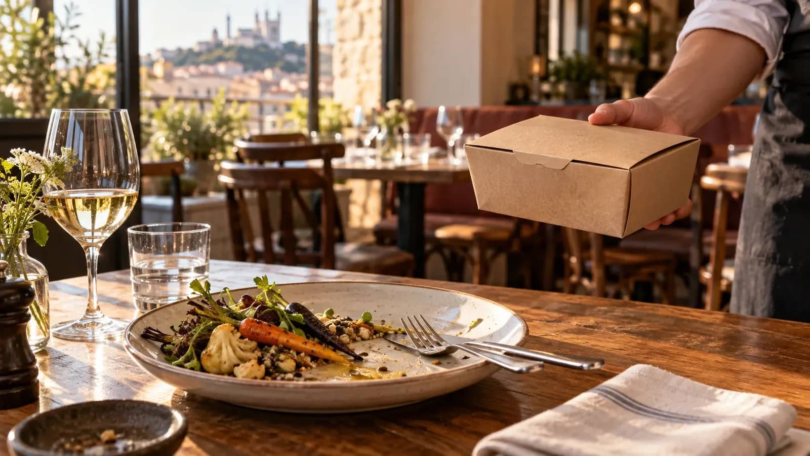 Illustration d’un serveur présentant une boîte pour emporter les restes d’un repas au restaurant