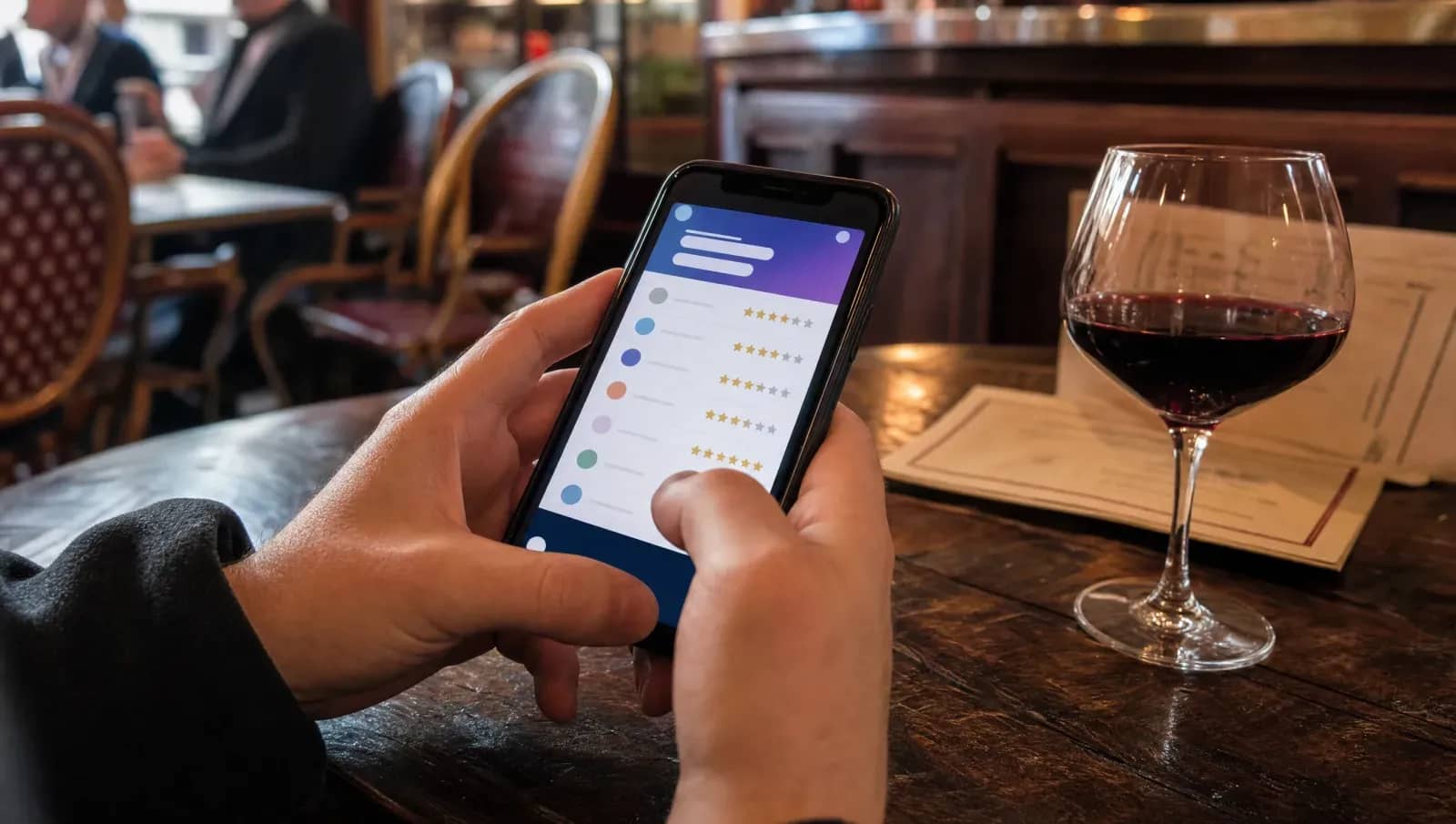 Client consultant les avis d'un restaurant sur son smartphone, attablé dans un bistrot lyonnais