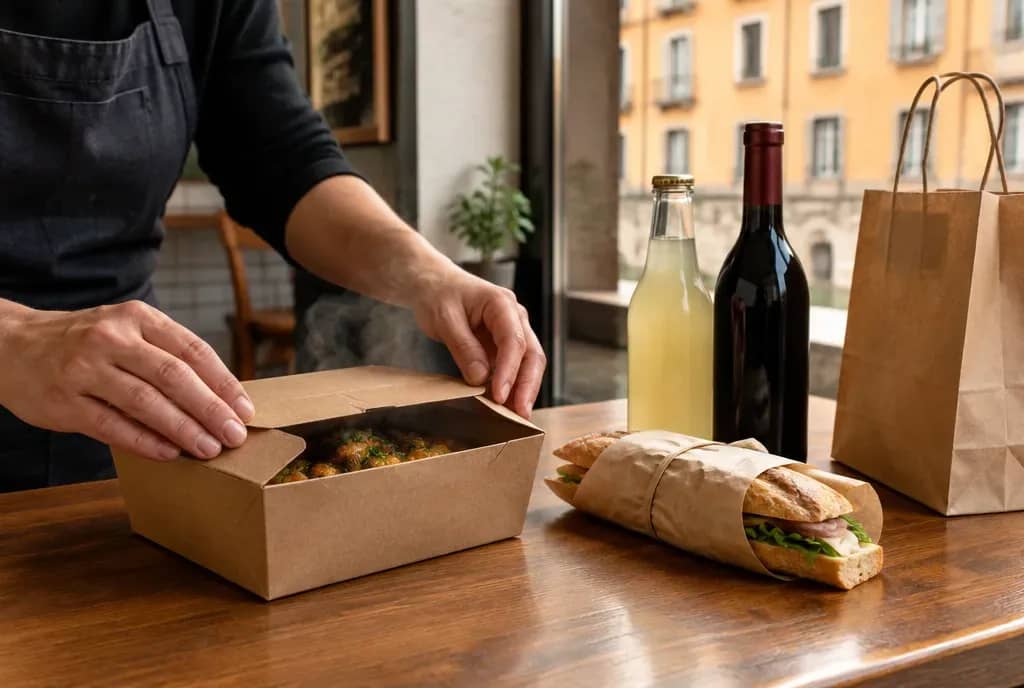 Préparation d'une commande à emporter : plat chaud en boîte, sandwich, bouteilles fermées et sac kraft sur le comptoir d'un bistrot lyonnais