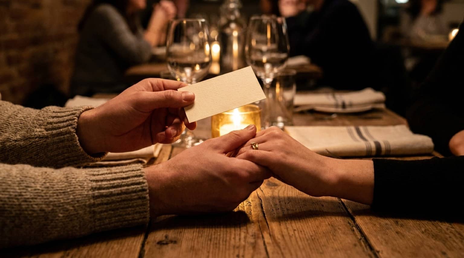 Deux mains échangent une carte cadeau au-dessus d'une table de restaurant