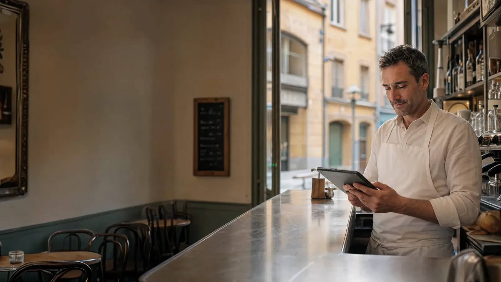 Restaurateur lyonnais consultant les avis de son restaurant sur une tablette, au comptoir de son bistrot