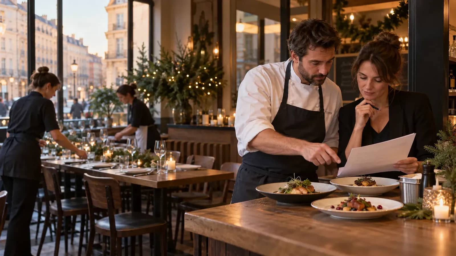 Chef et restauratrice préparent un menu de Noël dans un restaurant lyonnais