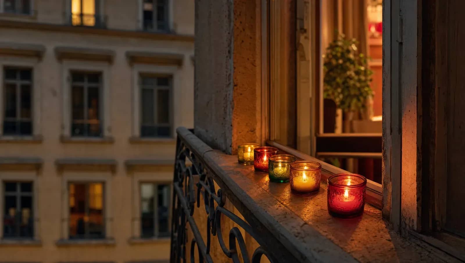Des lumignons de couleur allumés sur le rebord d'une fenêtre lyonnaise le soir du 8 décembre