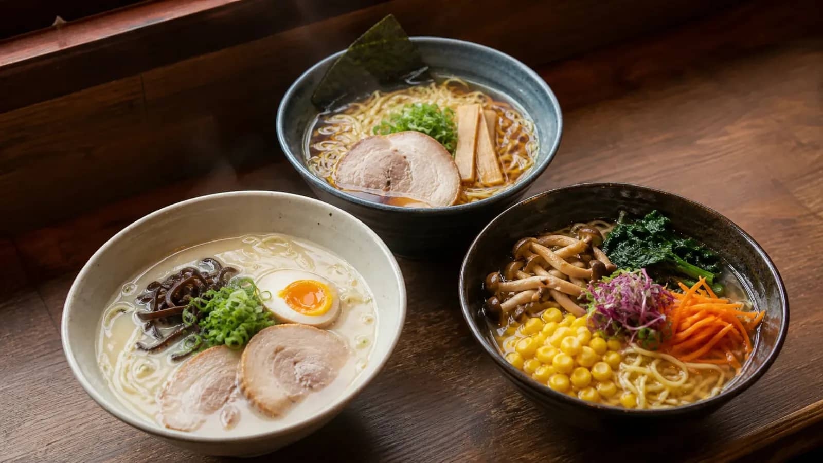 Trois bols de ramen tonkotsu, shoyu et végétarien sur un comptoir en bois