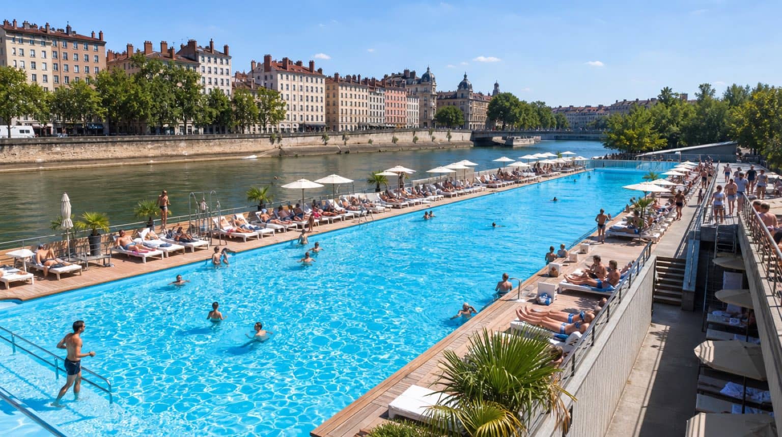 Piscine extérieure au bord du fleuve à Lyon, face aux façades des quais