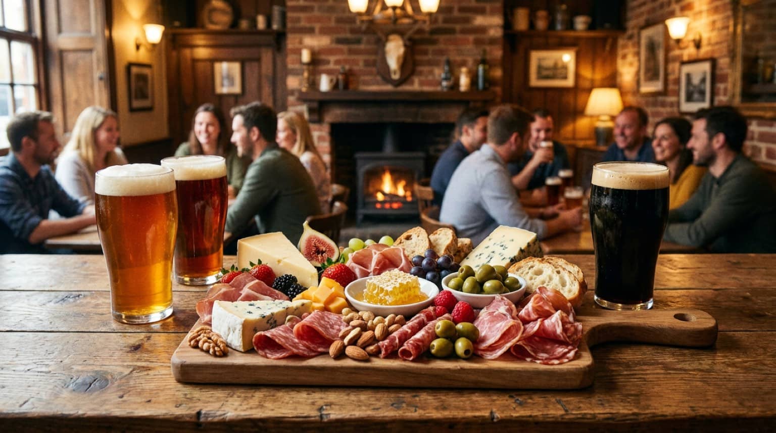 Planche de charcuterie et fromages accompagnée de deux bières artisanales