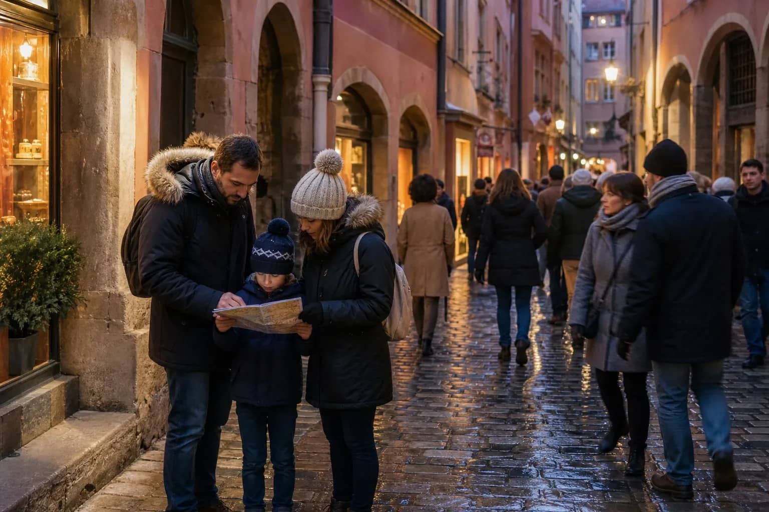 Famille consultant un plan dans une rue pavée du Vieux Lyon en hiver