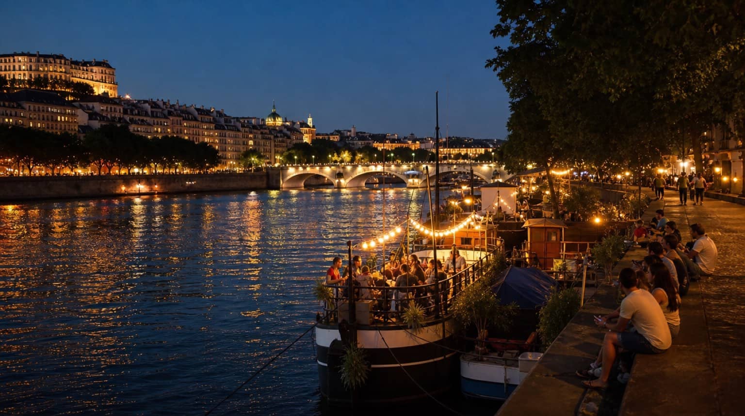 Berges du Rhône à Lyon le soir, péniches éclairées au bord de l'eau