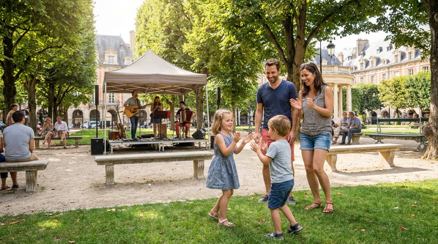 Famille avec deux enfants profitant d'un concert en plein air dans un parc lyonnais en été