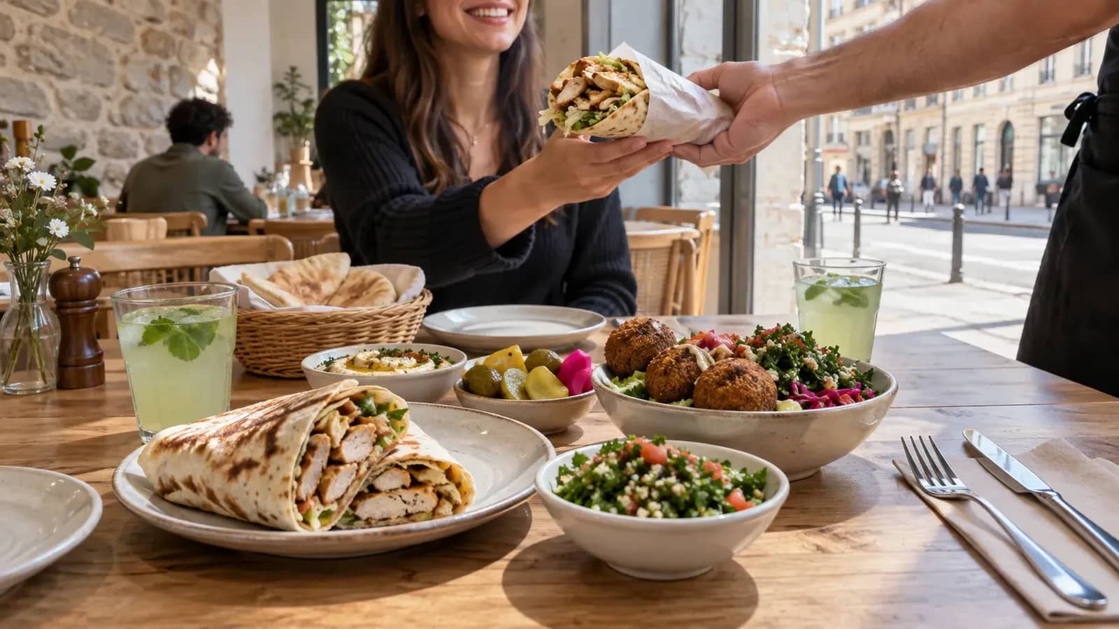 Déjeuner libanais avec chawarma, falafels et taboulé à Lyon