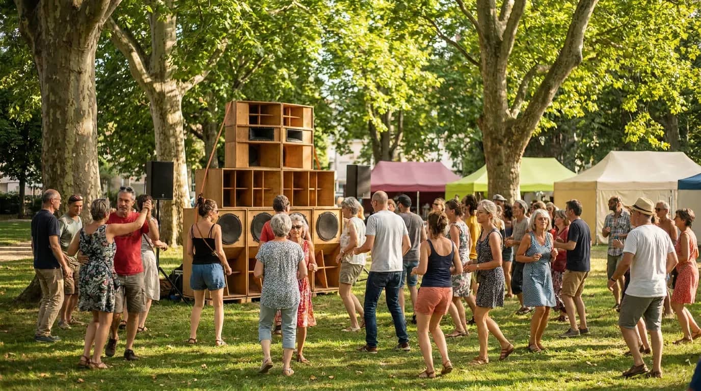 Sound system reggae dans un parc lyonnais en été, public dansant sur l'herbe sous les platanes