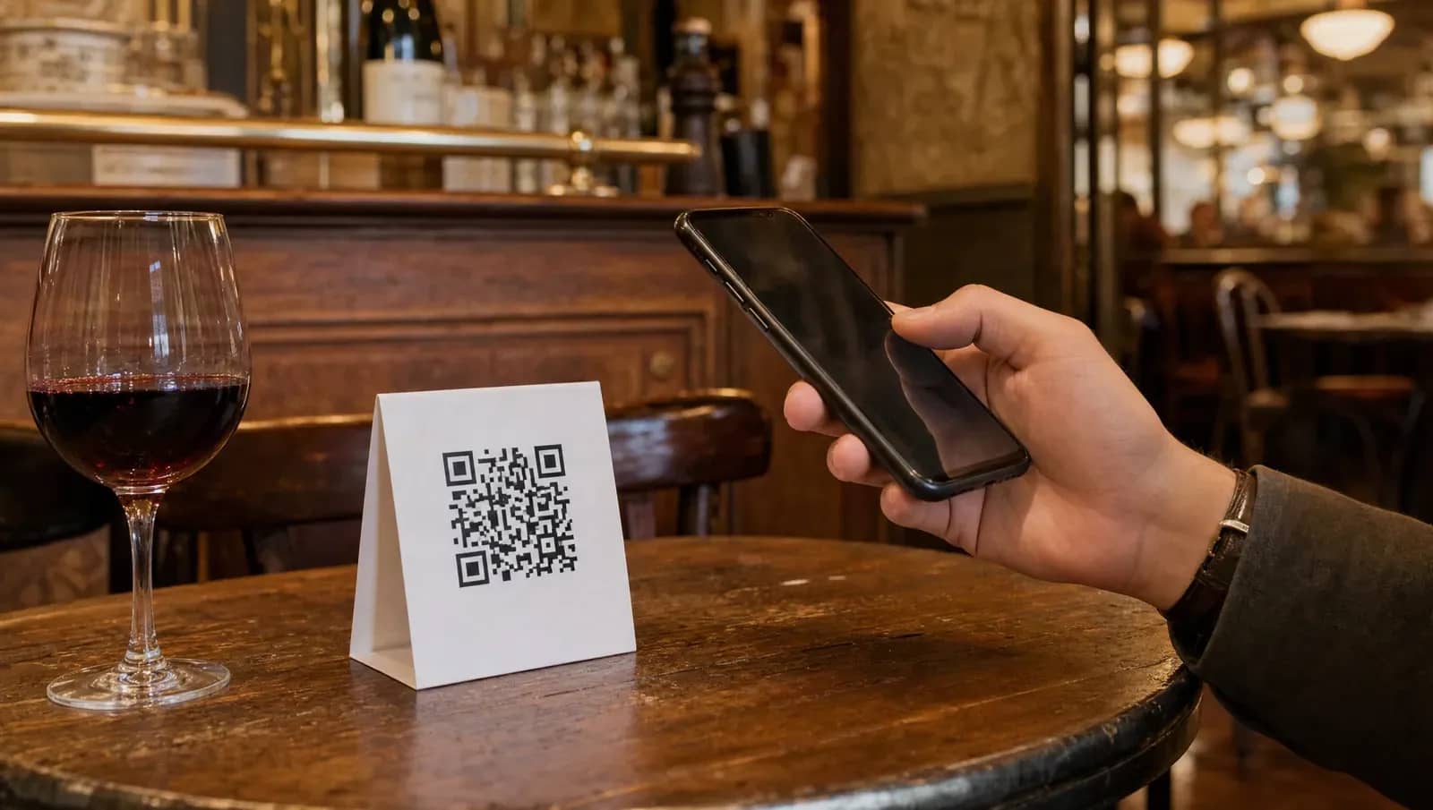 Carte avec QR code sur une table de bistrot lyonnais, un client la scanne avec son smartphone à côté d'un verre de vin.