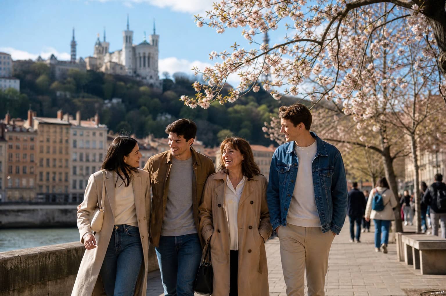 Une mère et ses enfants se promènent sur les quais de Saône à Lyon avec Fourvière en arrière-plan