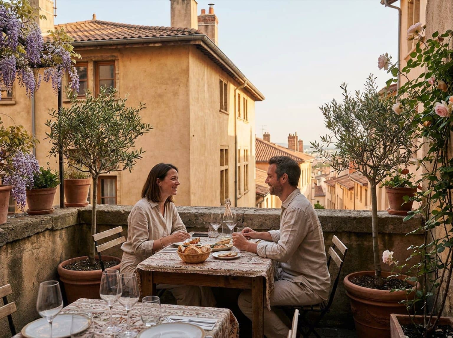 Déjeuner détendu en terrasse au calme à Lyon au printemps
