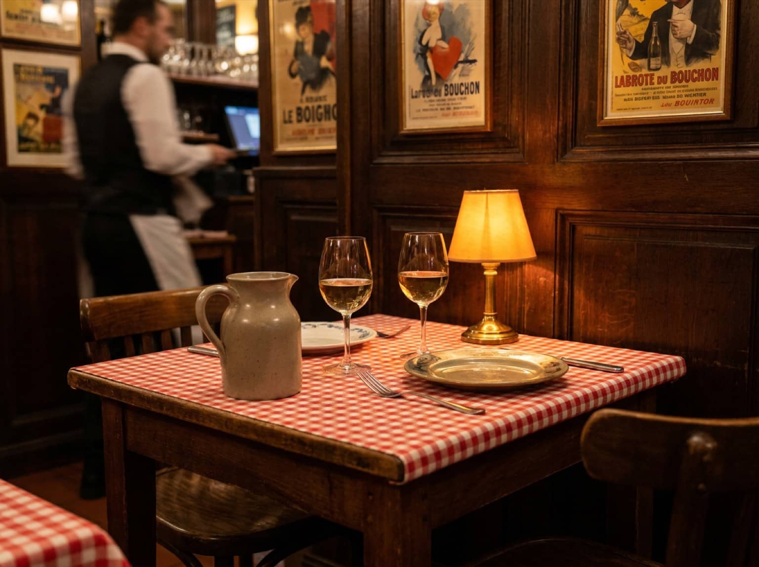Table dressée pour deux dans un bouchon lyonnais traditionnel