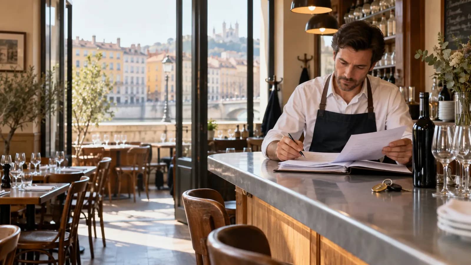 Restaurateur lyonnais préparant son dossier de licence pour vendre de l’alcool