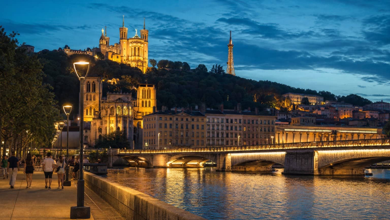 Lyon au crépuscule : Fourvière illuminée au-dessus de la Saône