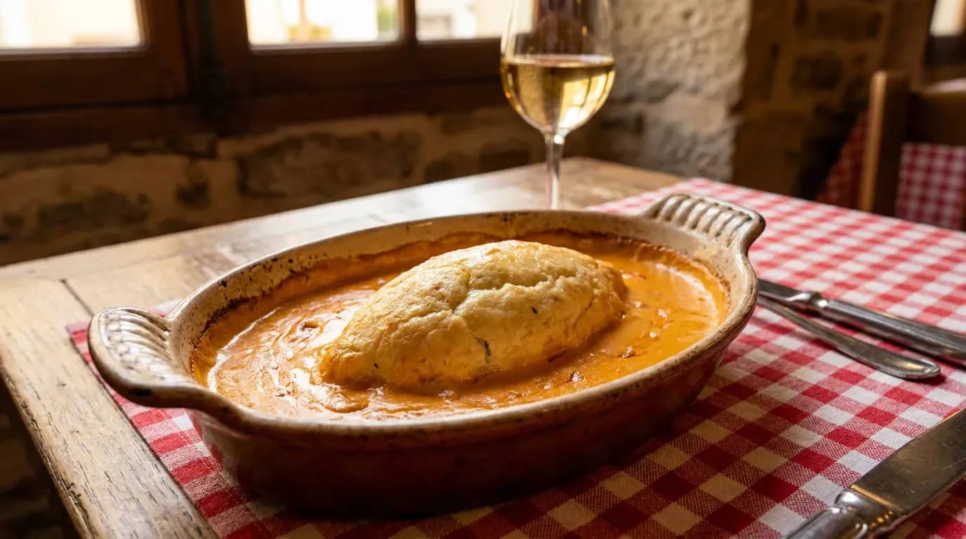 Quenelle de brochet soufflée sauce Nantua servie dans son plat à gratin, sur nappe à carreaux dans un bouchon lyonnais