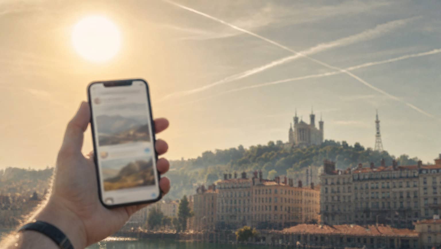 Smartphone et traînées d'avion dans un ciel de canicule au-dessus de Lyon