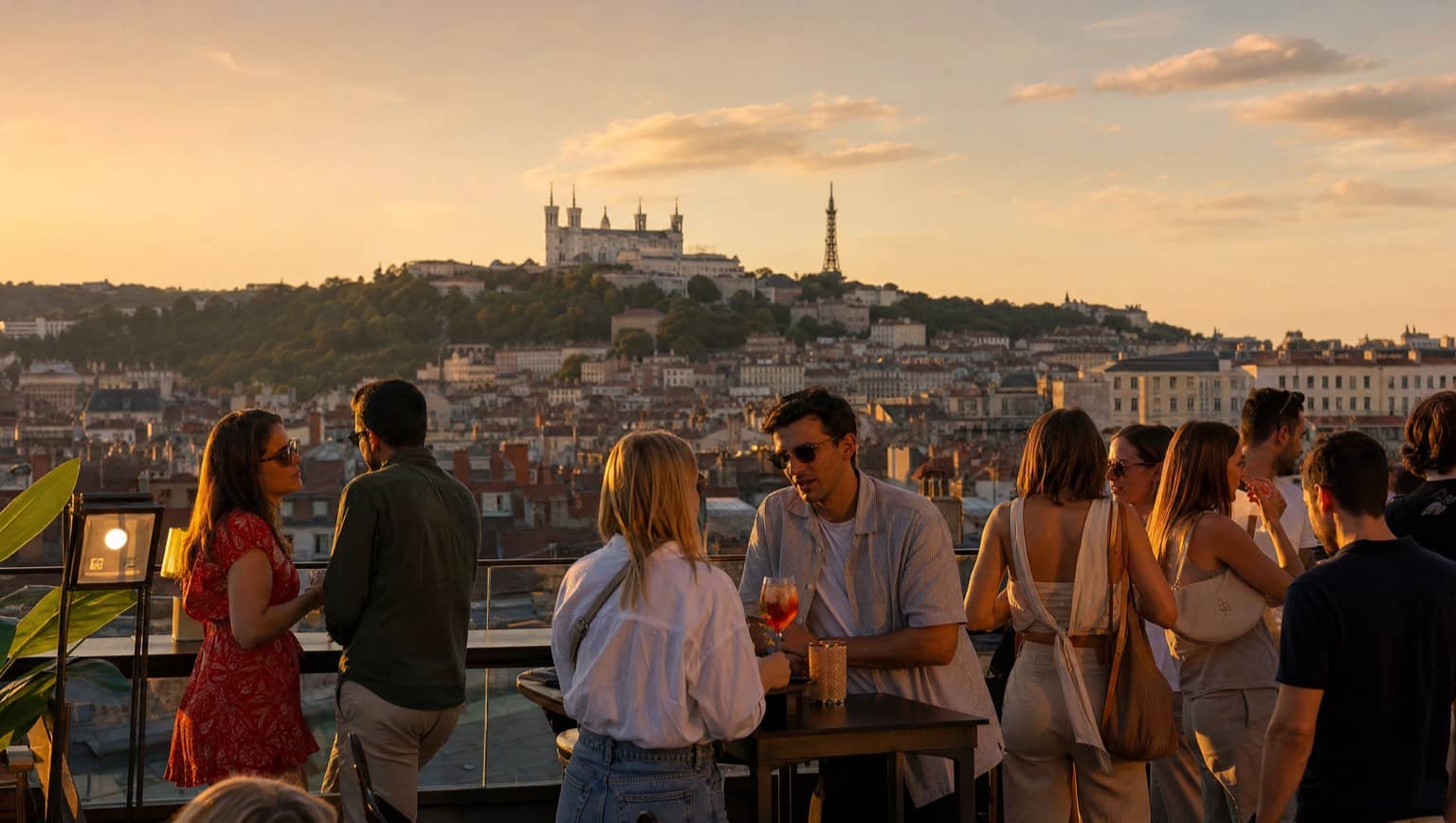 Rooftop lyonnais au coucher du soleil avec vue sur la basilique de Fourvière
