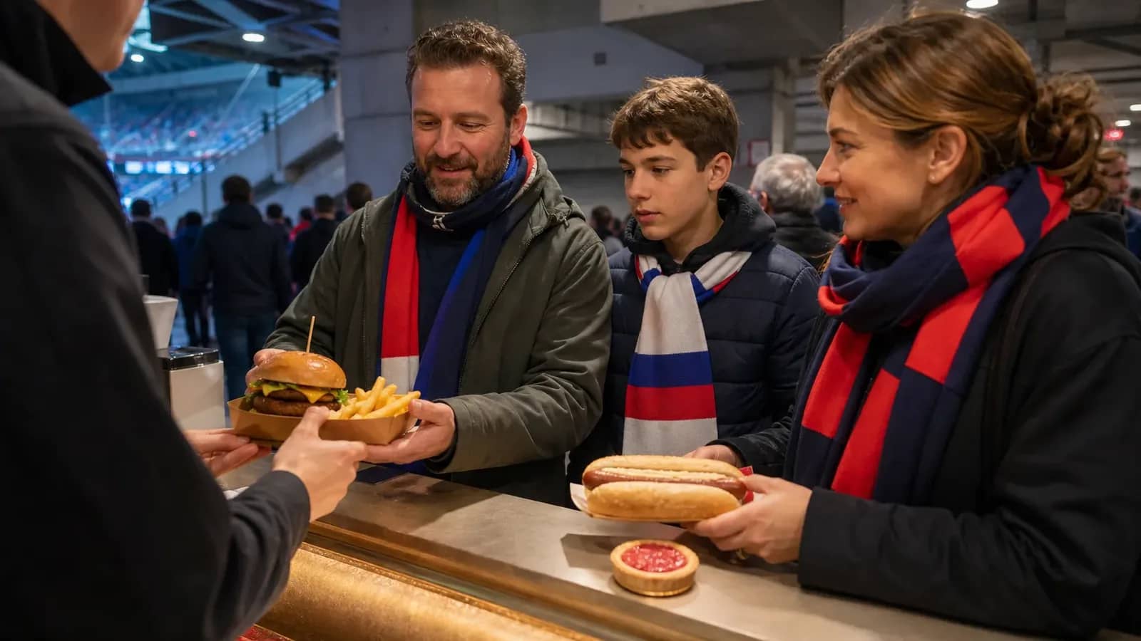 Supporters commandant burgers, frites et spécialités lyonnaises à un comptoir du stade