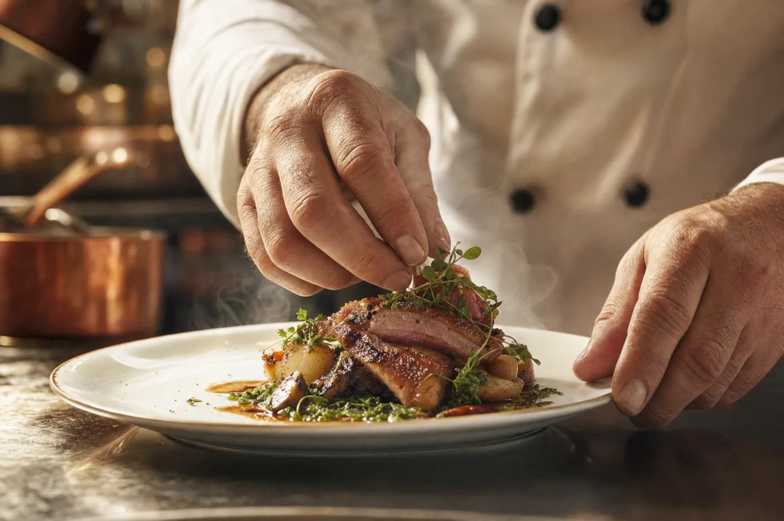 Chef dressant une assiette dans la cuisine d'un bistrot