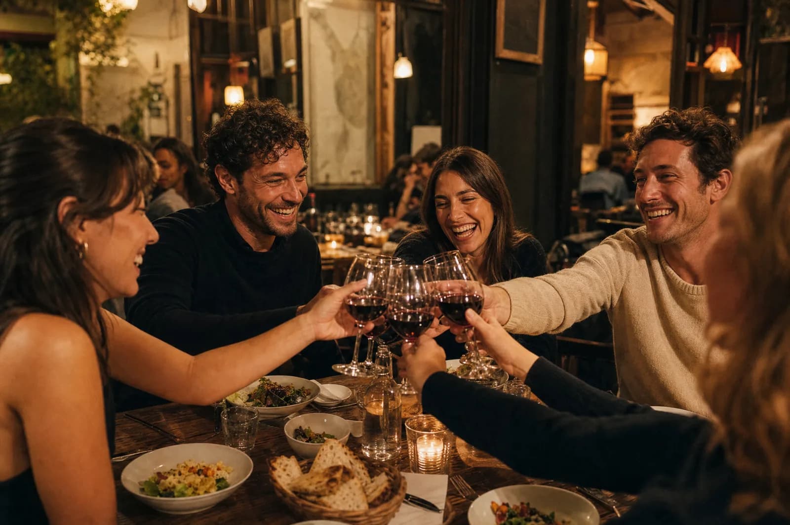 Amis qui trinquent autour d'une table de bistrot chaleureuse