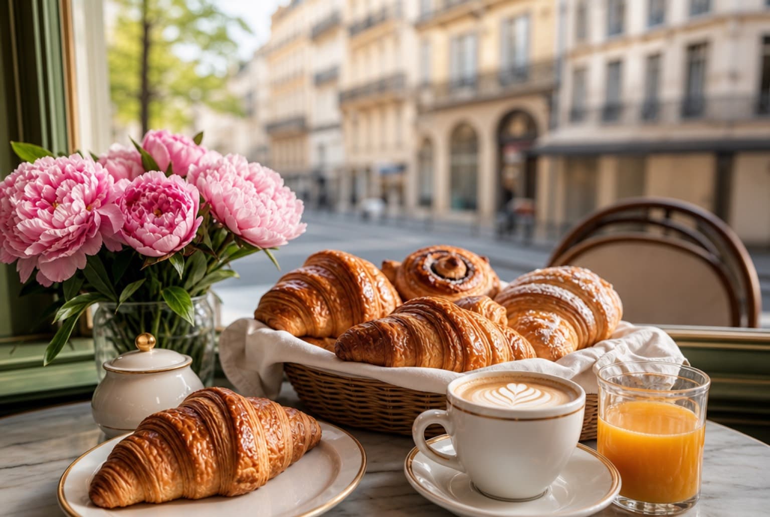 Viennoiseries dorées et café latte sur une table de brunch dans un café lumineux à Lyon