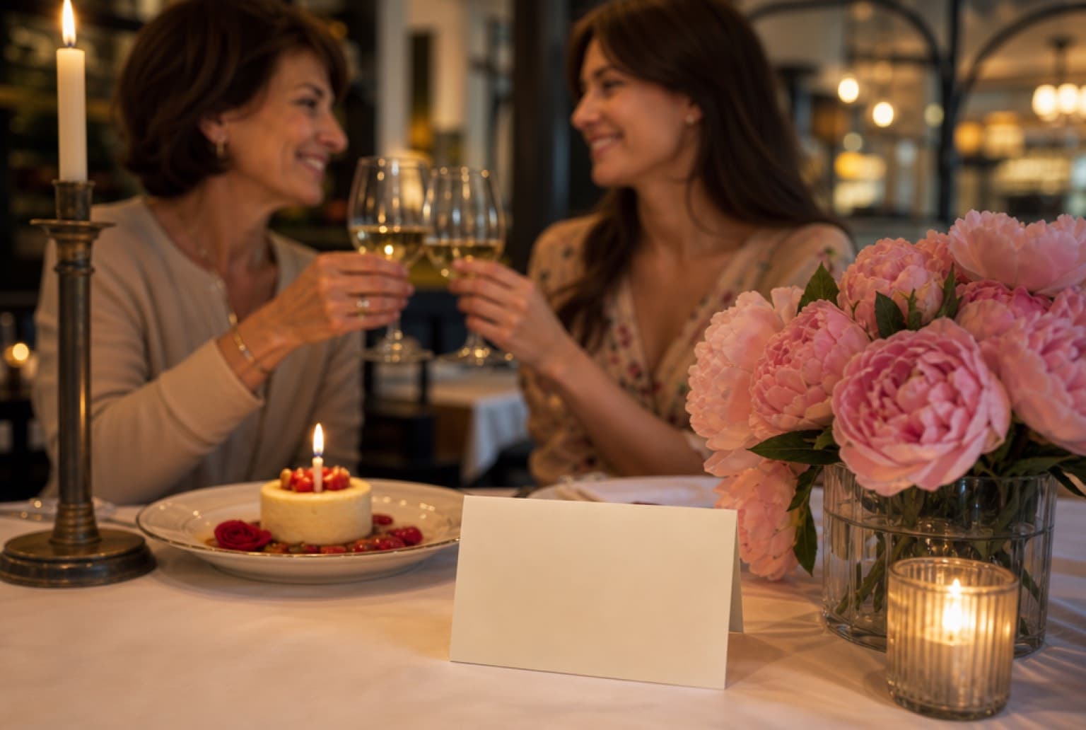 Mère et fille trinquent au vin lors d'un dîner de fête des mères à Lyon