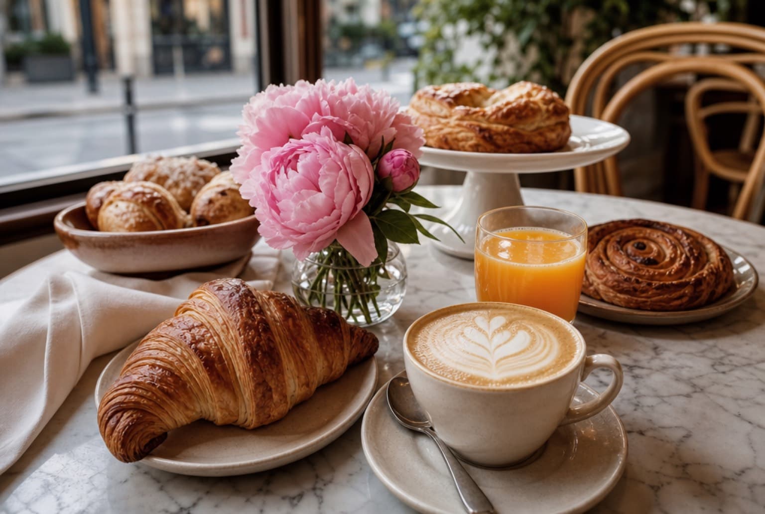 Brunch lyonnais avec pâtisseries, jus d'orange pressé et pivoines roses