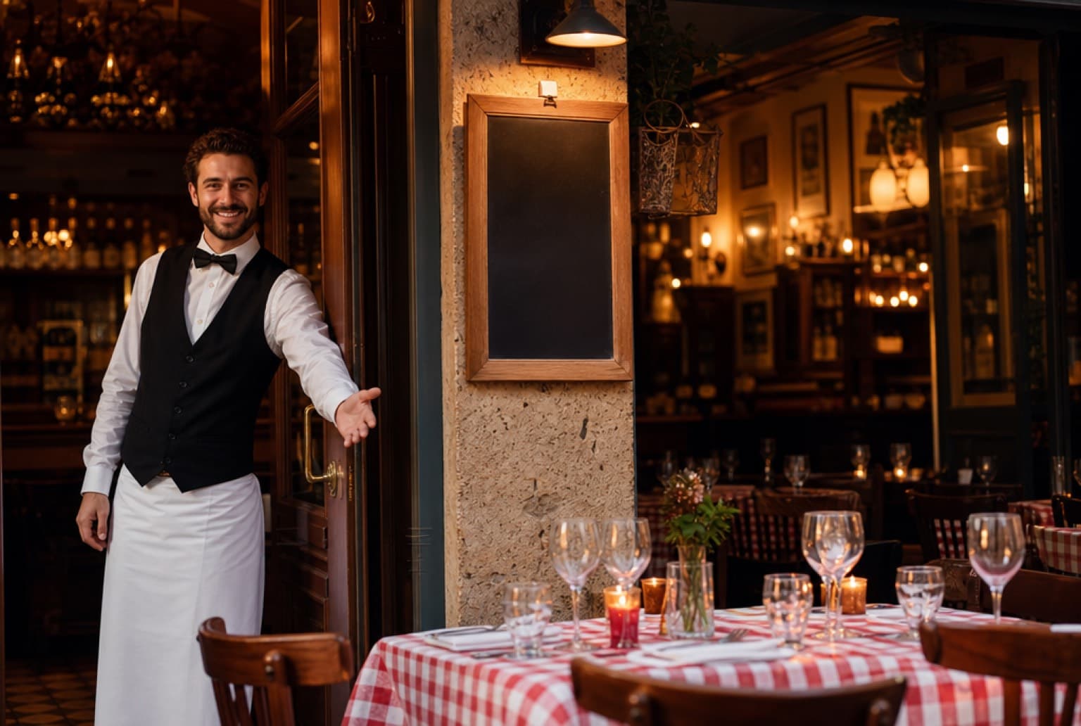 Façade accueillante d'un restaurant lyonnais avec ardoise