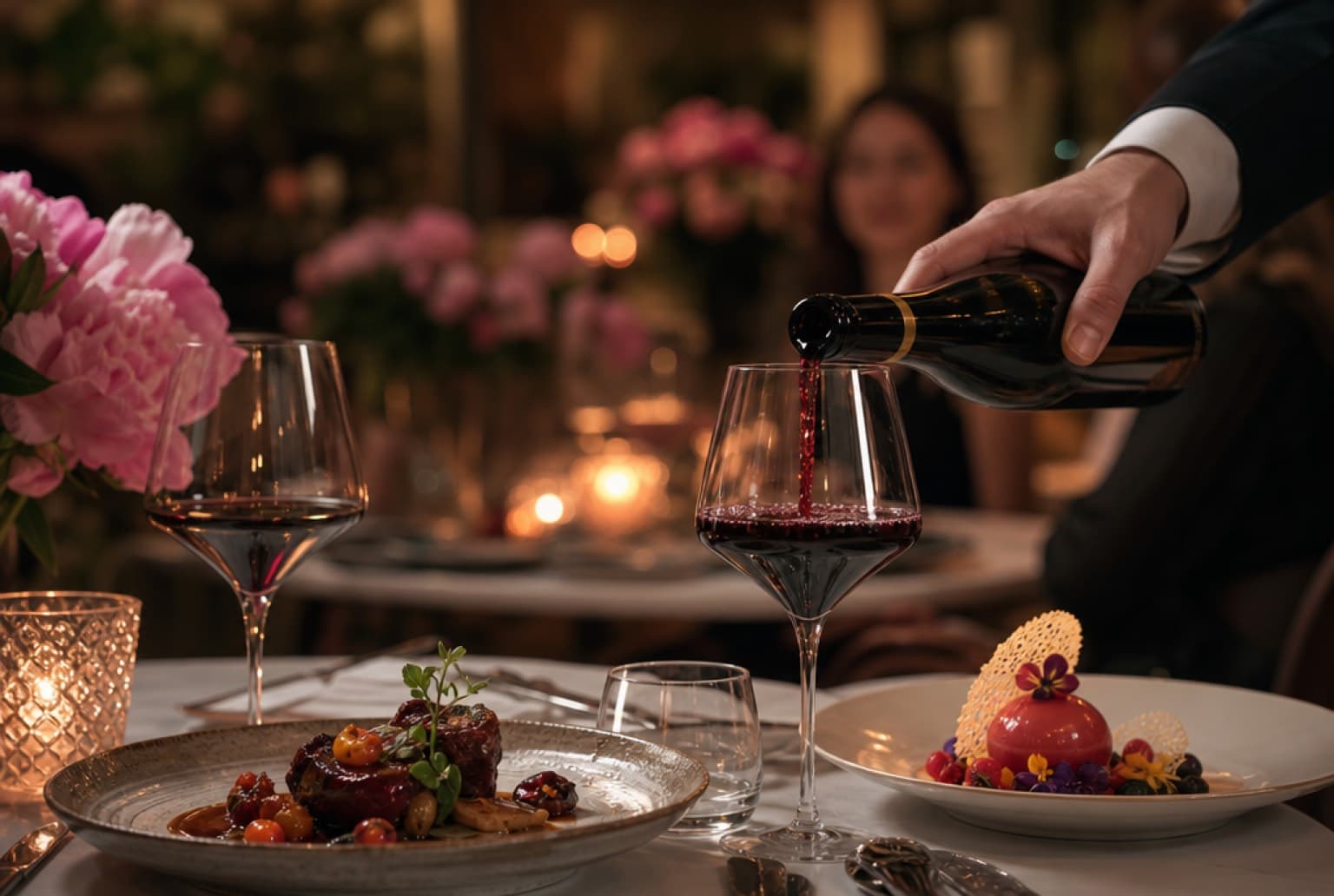 Sommelier servant un verre de vin rouge dans une salle intime à Lyon