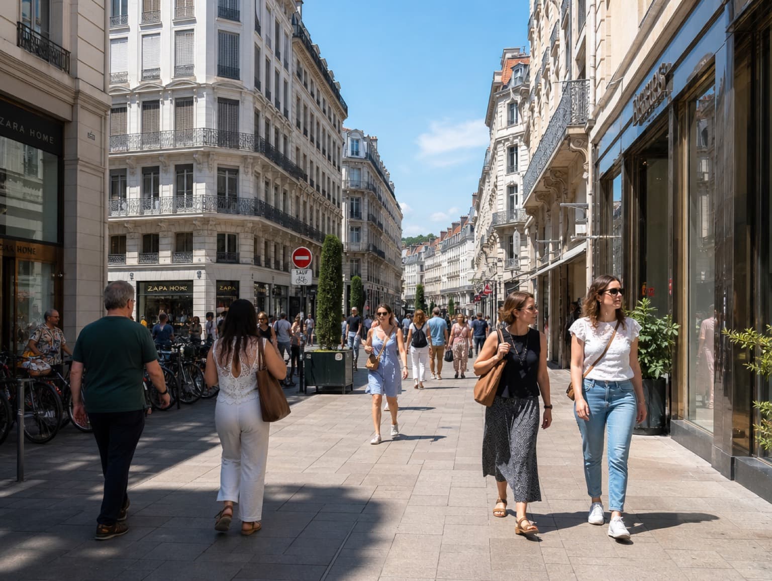 Piétons flânant sur une grande rue commerçante du centre de Lyon