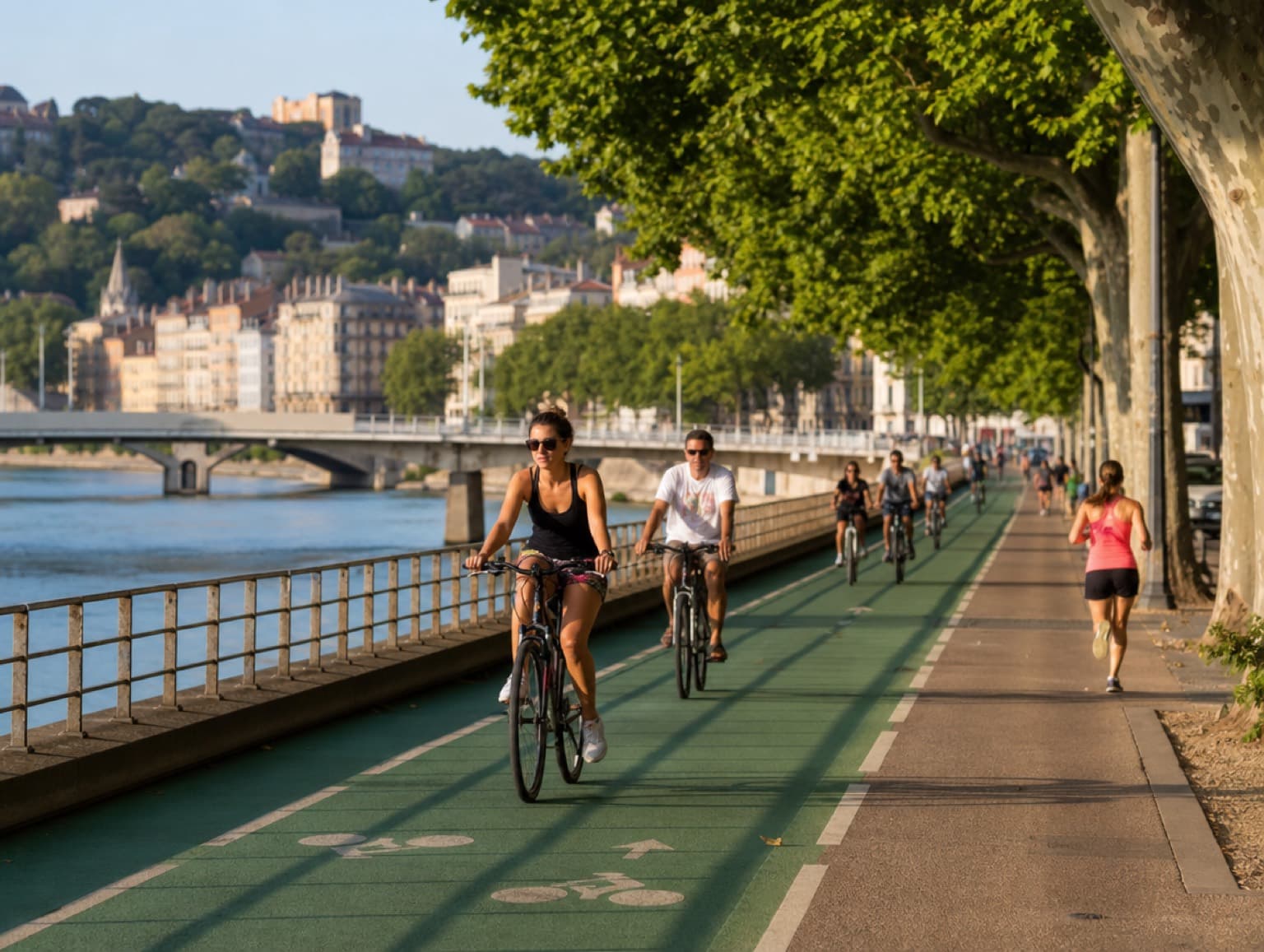 Piste cyclable verte le long des berges du Rhône à Lyon