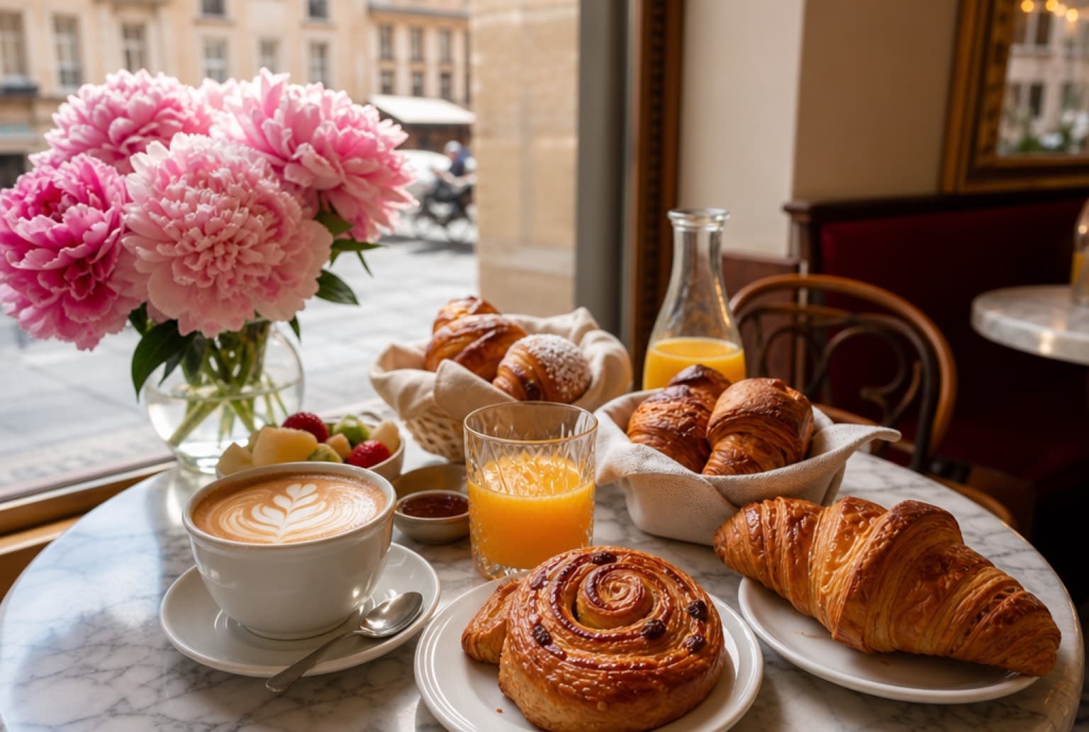Pâtisseries dorées et bouquet de pivoines pour un brunch de fête des mères à Lyon