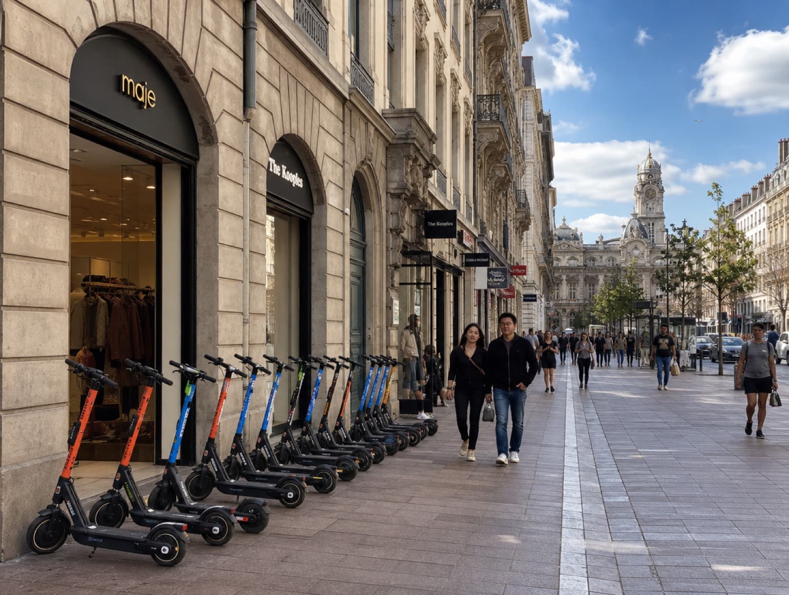 Trottinettes électriques stationnées dans la Presqu'île à Lyon