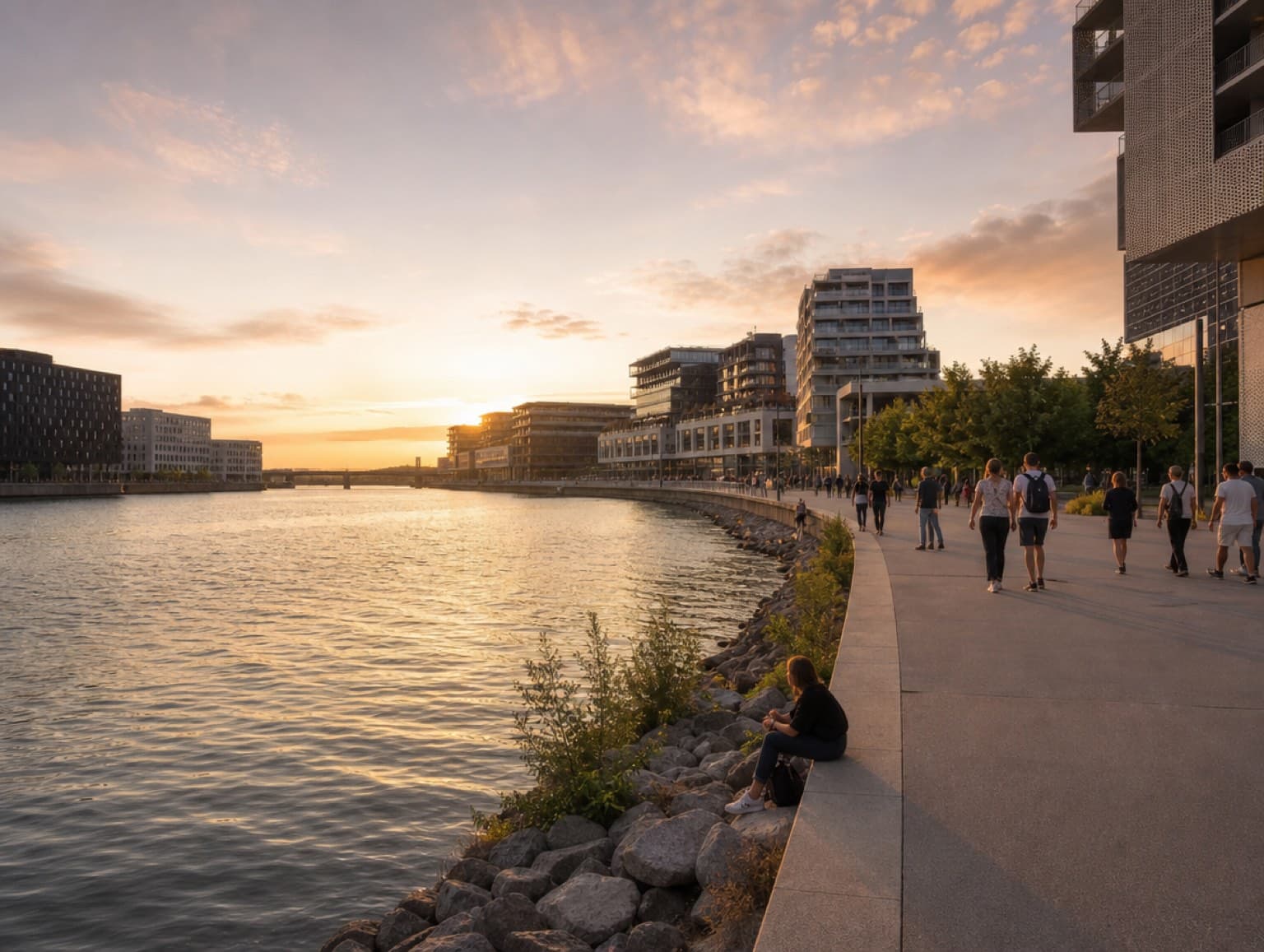 Quartier de la Confluence à Lyon au bord de l'eau au crépuscule