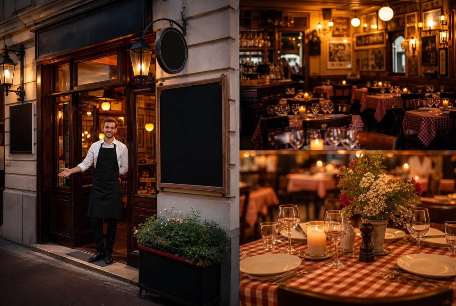 Table de bistrot dressée pour un repas en famille à Lyon